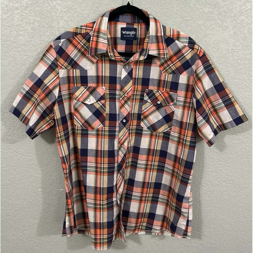Wrangler Western Pearl Snap Men's Button Up Plaid Short Sleeve Shirt Size Large